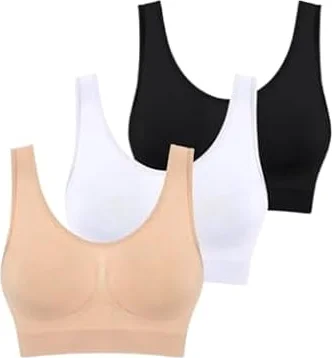Boolavard 3-teiliges Set Nahtlose BHS für Damen Bügelloser Büstenhalter Crop Top Weiche Sport-Tank-BHS Damen Dessous Weste (DE/NL/SE/PL, Alphanumerisch, XL, Regular, Regular, Beige Weiß Schwarz)