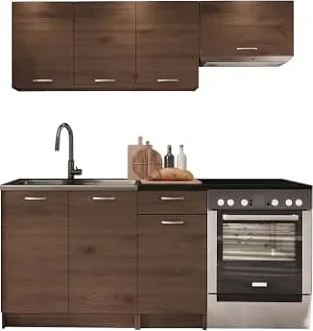 Mirjan24 Küchenzeile Mela 180 (Nuss Elegant/Schwarz, ohne LED)