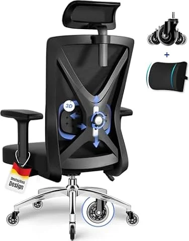 Daccormax Bürostuhl, Bürostuhl Ergonomisch Schreibtischstuhl mit Verstellbaren Armlehnen, weiche Lendenstütze aus Naturschwamm und Kopfstütze, Chefsessel Drehstuhl Wippfunktion 200kg, Tiefschwarz