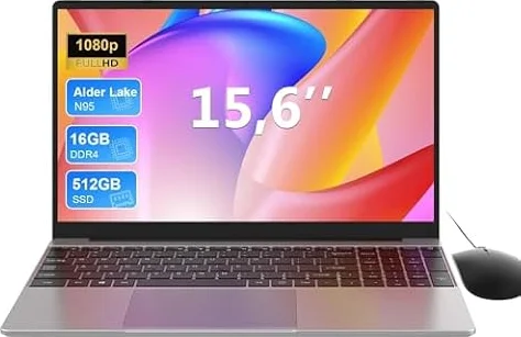 15,6 Zoll Laptop, Quad-Core N95(bis 3,4 GHz), 16GB RAM, 512GB SSD, Full-HD Display, beleuchtete Tastatur mit Nummernblock, 2,4G/5G WLAN, Bluetooth 5.0, Win 11 Notebook für Arbeit, Studium & Homeoffice