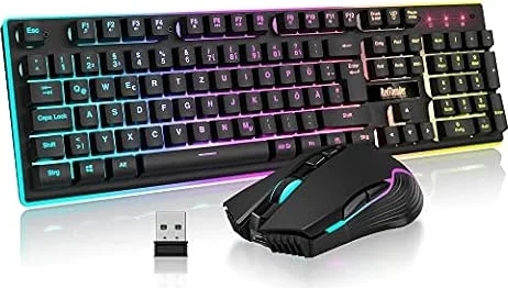 RedThunder K10 Kabelloses Gaming Tastatur und Maus Set, QWERTZ DE Layout, 3000mA Batteriekapazität und 3200 DPI für Gamer (Schwarz)