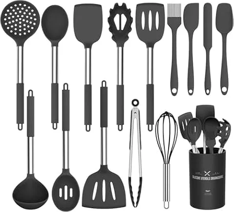 Küchenutensilien-Set, 15-teilig Silikon Küchenhelfer Set, Antihaft Hitzebeständiger Kochutensilien Kochgeschirr mit Utensilienhalter, Edelstahl Griff, Spülmaschinengeeignet (Schwarz)