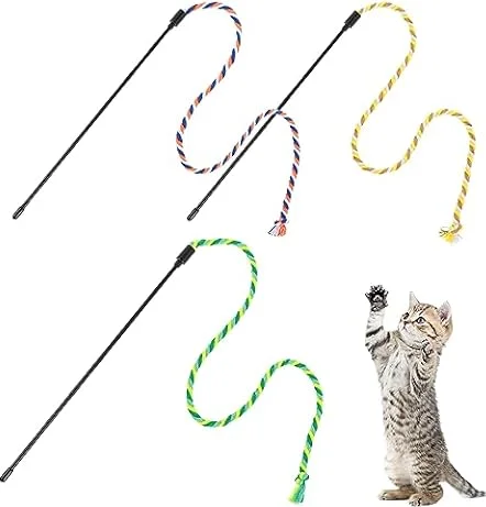 simarro Katzenfederstab-Spielzeug, interaktiver Katzenstab, Spielzeug für Indoor-Katzen, Erwachsene, bunte Federn, Kätzchen, Katzenstab-Spielzeug für Indoor-Katzen, Spieljagd, Übung (farbiges Seil), 3