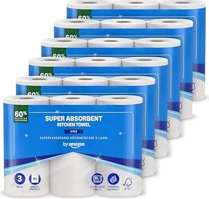 by Amazon Supersaugfähiges Küchentuch, 3-Lagig, 18 Rollen (6 Packungen à 3 Stück), 80 Blatt Pro Rolle, FSC-Zertifiziert