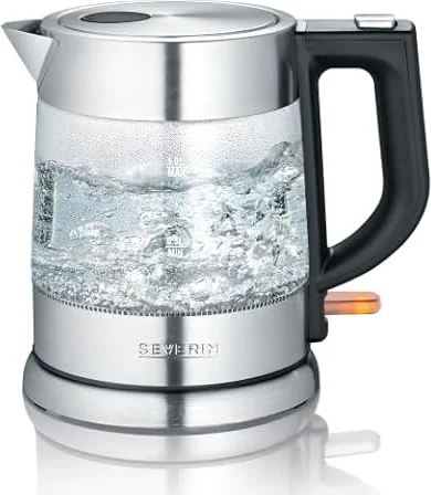 SEVERIN Glas Wasserkocher, 1,0L, leistungsstark und kompakt in hochwertigem Design, elektrischer Wasserkocher mit Kalkfilter, Edelstahl/schwarz, WK 3468