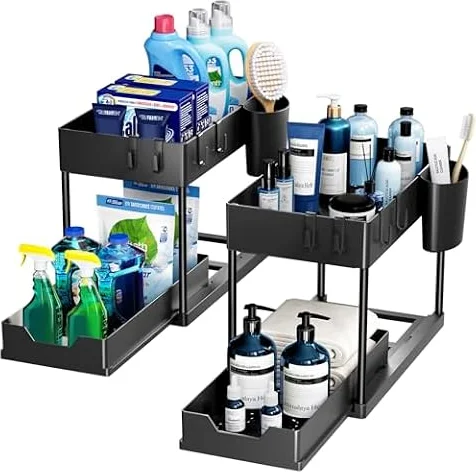 Puricon 2 Set Unter Waschbecken Regal Spülschrank Organizer, 2 Etagen Standregal Küche Arbeitsplatte Regal Organizer, Mehrfunktional Küchenregal Gewürzregal Unterschrankregal Spülschrankregal -Schwarz