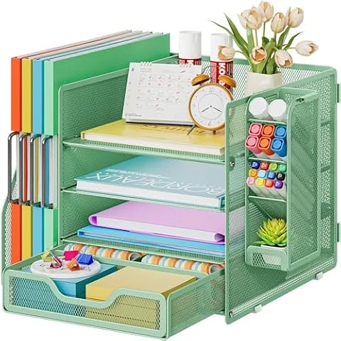 Marbrasse 4-Tire Schreibtisch Organizer mit Aktenhalter,Mesh Schreibtisch Dokumentenablage mit Stiftehalter und Schublade,Büro Organizer Aufbewahrung für Schreibtisch Zubehör & Ablage(Grün)