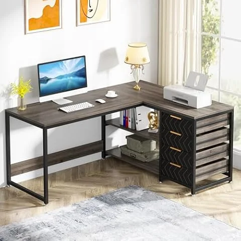 Tribesigns l Form Schreibtisch mit 4 Schubladen, L-förmiger lang Computertisch mit 2 Ablagen, Reversible Eckschreibtisch für Büro,Arbeitszimmer, Wohnzimmer,150×110×75cm (grau)