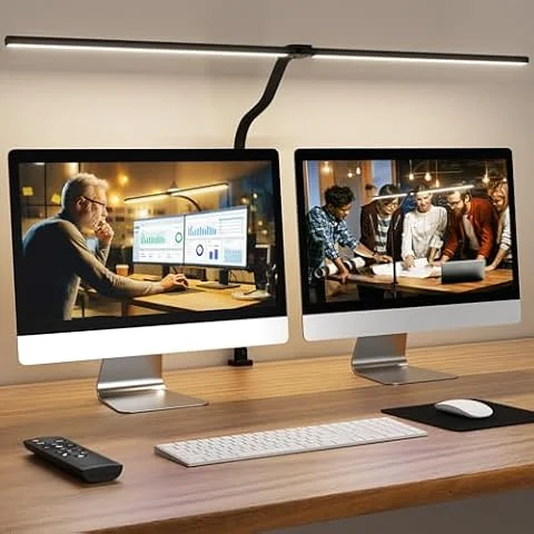 APMIEK Doppelkopf Schreibtischlampe LED Dimmbar, 24W 80CM Klemmbar Tageslichtlampe Schreibtisch Lampe, Schwanenhals Büro Tischlampe Augenschutz Arbeitsplatzleuchte Monitor Lampe, schwarz