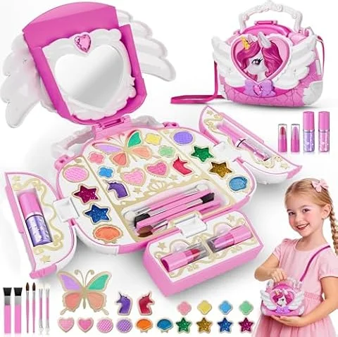 Einhorn Schminkset Spielzeug für 3-12 Mädchen, Ungiftig Abwaschbar Kinderschminke Makeup Set Mit Spiegel & Riemen, DIY Prinzessin Spielzeug Geburtstage Geschenke für Mädchen 3 4 5 6 7 8 9 10 Jahre