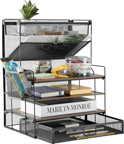 ZNMYDMT Schreibtisch-Organizer mit 4 Etagen und Zubehör, Papier-Briefablage, Vintage-Holz-Schreibtisch-Organizer mit Schreibwarenablage und Stifthaltern für Schule, Zuhause, Büro