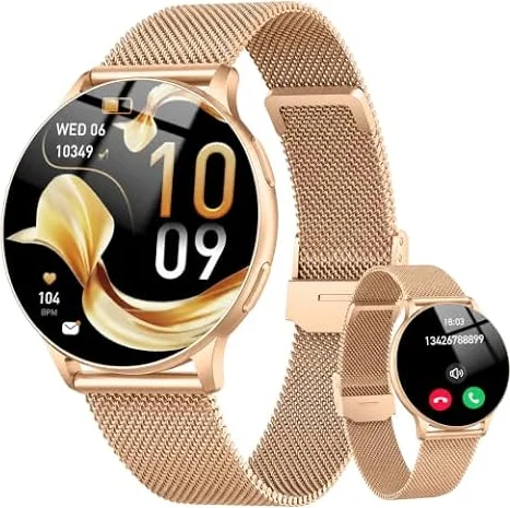 Smartwatch Damen Rund, 1.32" AMOLED Sportuhr mit Telefonfunktion, Roségold
